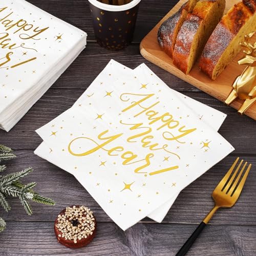Whaline 80 Pack New Year Napkins 6.5 x 6.5 Inch White Gold Foil Disposable Napkins Happy New Year Dinner Napkins Decorative Holiday Party Paper Napkins for New Year Christmas Party Supplies