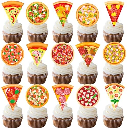 24pcs Pizza Party Cupake Toppers Pizzas Themed Birthday Party Decoration Pizza Time Party Cake Decoration for Fast Food Baby Shower Supplies