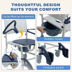 4 in 1 Rolling Shower Chair with Wheels for Elderly and Disabled,Transport Bathroom Shower WheelChairs,with Safety Locking Wheels & Padded Seat, Bedside Commode Chair for Seniors, Blue