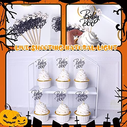 Rsstarxi 24 Pack Ghost Baby Boo Cupcake Toppers Glitter Spooky Little Boo Cupcake Picks for Halloween Theme Baby Shower Kids Boys Girls Birthday Party Cake Decorations Supplies Black