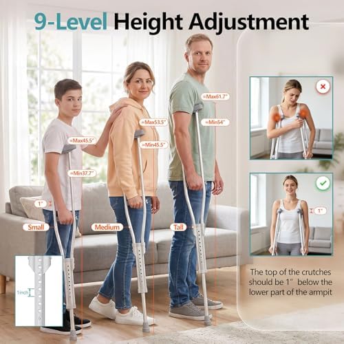 Aluminum Crutches for Adults & Seniors, Adjustable Crutches for Walking, Comfortable Lightweight Crutch with Underarm Pad & Crutch Bag & Hand Grip, 300 LB Weight Capacity, 1 Pair