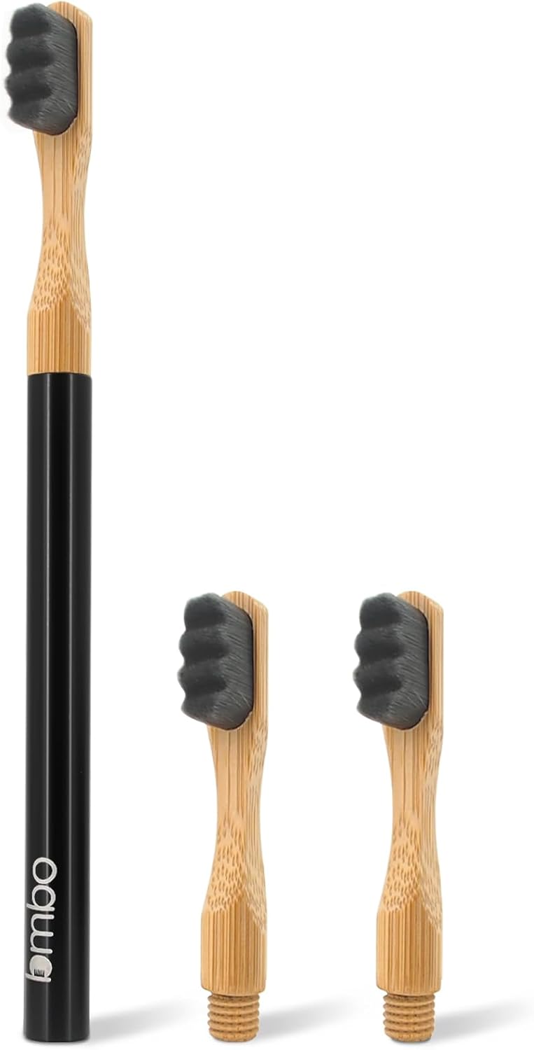 Extra Soft Toothbrushes for Adults - 3 Replaceable Natural Bamboo Tooth Brush Heads with Black Almunium Handle. Soft Bristle Braces Toothbrush. Butter on Gums Manual Toothbrush