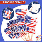 HOWAF 70pcs 4th of July American Flags Toothpick, USA Mini Stick Cupcake Toppers, Red White Blue Independence Day Cocktail Picks Fruits Sticks for US July 4th Patriotic Party Food Drink Decorations