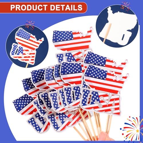HOWAF 70pcs 4th of July American Flags Toothpick, USA Mini Stick Cupcake Toppers, Red White Blue Independence Day Cocktail Picks Fruits Sticks for US July 4th Patriotic Party Food Drink Decorations