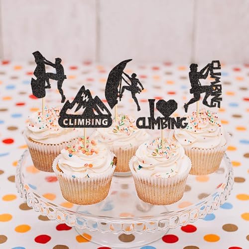 Ercadio 30 Pack Climbing Cupcake Toppers Black Glitter Climbing Cupcake Picks Gym Theme Baby Shower Birthday Party Cake Decorations Supplies