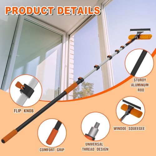 30FT Reach 2-in-1 Window Squeegee, Professional Window Washing Kit with 5-24FT Extension Pole for Home, Indoor Outdoor Squeegee with Rotatable Head for High Windows