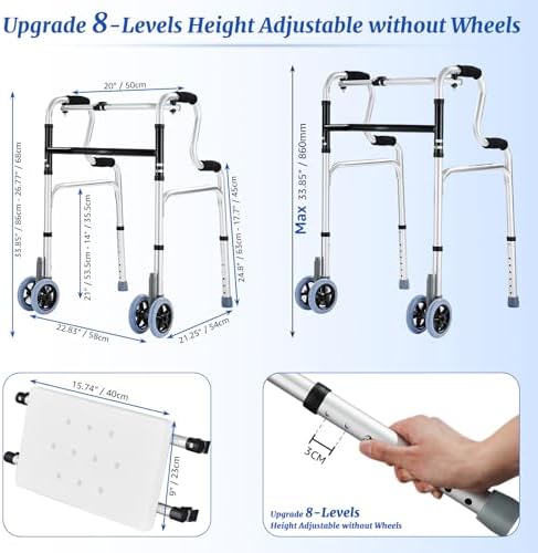 Folding Walkers with Wheels and Seat,Auto Brake Double Front 5" Wheel Walker 350LB,Lightweight Standard Walkers for Seniors,Aluminum Rolling Walker for Adults,Height Adjustable Walking Mobility Aid