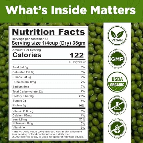 Jai Ho Certified Organic Moong 4 lb - Mung Beans Whole for Sprouting and Cooking - USDA Organic | Non-GMO | Chemical-Free | Premium Quality Kosher | (Whole Moong (Mung Bean))