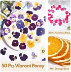 74 Pcs Edible Flowers for Cocktails Cake Decorating Drinks, Real Dried Pressed Flowers Cupcake Toppers, Food Grade Dry Flowers for Crafts Resin Mix with Pansy, Heart Rose Petals, Orange