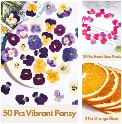 74 Pcs Edible Flowers for Cocktails Cake Decorating Drinks, Real Dried Pressed Flowers Cupcake Toppers, Food Grade Dry Flowers for Crafts Resin Mix with Pansy, Heart Rose Petals, Orange