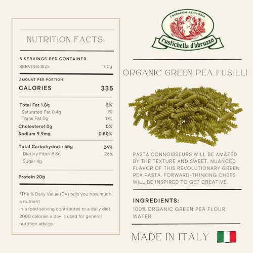 Rustichella d'Abruzzo Organic Green Pea Fusilli (Pack of 3), 250g Each - Gluten-Free Short Pasta - Made from 100% Organic Green Pea Flour - Cooks in 5-6 Minutes - Authentic Italian Flavor