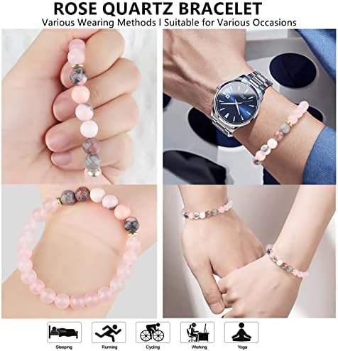 HOZEAL Handmade Rose Quartz Bracelet, Pink Crystal Stone Love Friendship Chakra Bracelet, Prosperity Business Money Energy Wealth Good Luck Feng Shui Beaded Bracelet for Men Women