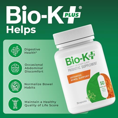 Bio-K+ Probiotic Advanced Bowel Support – 50 Billion CFU – Vegan, Gluten-Free, Non-GMO – Supports Digestive Health & Regularity – for Men & Women – 20 Probiotic Capsules