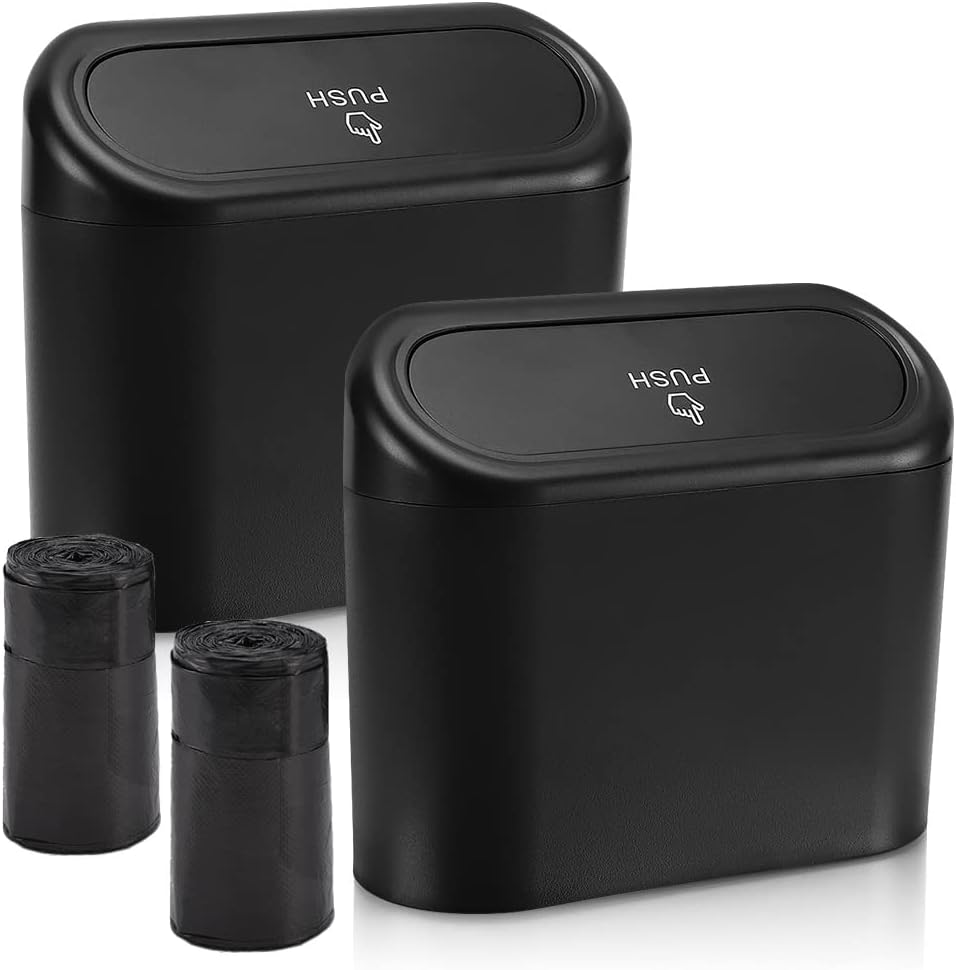 Accmor Car Trash Can with Lid, Mini Auto Dustbin Garbage Organizer Holder 2 Packs, Automotive Storage Container Bin with 60 Pcs Bags for Vehicle, Home, Office