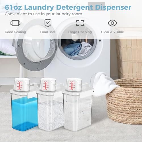 3 PCS Liquid Laundry Detergent Dispensers, 61oz Laundry Bead Dispenser, Clear Airtight Fabric Softener Container, Liquid Detergent Box for Laundry Room Organization and Storage with Measuring Cup