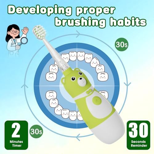 Kids Electric Toothbrush, Battery Operated Fun Bear Design Sonic Toothbrush for Toddler Ages 2-10, 2 Mins Timer, Soft Bristles, 2 Replacement Heads, 3 Brushing Modes for Teeth Cleaning