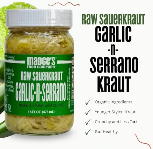 Madge's Rueben Sauerkraut | Raw unpastuerized | Probiotics enriched | Made with Organic ingredients, Pink Salt, gut healthy packed in glass jar 15 oz (Garlic Serrano)
