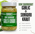 Madge's Rueben Sauerkraut | Raw unpastuerized | Probiotics enriched | Made with Organic ingredients, Pink Salt, gut healthy packed in glass jar 15 oz (Garlic Serrano)
