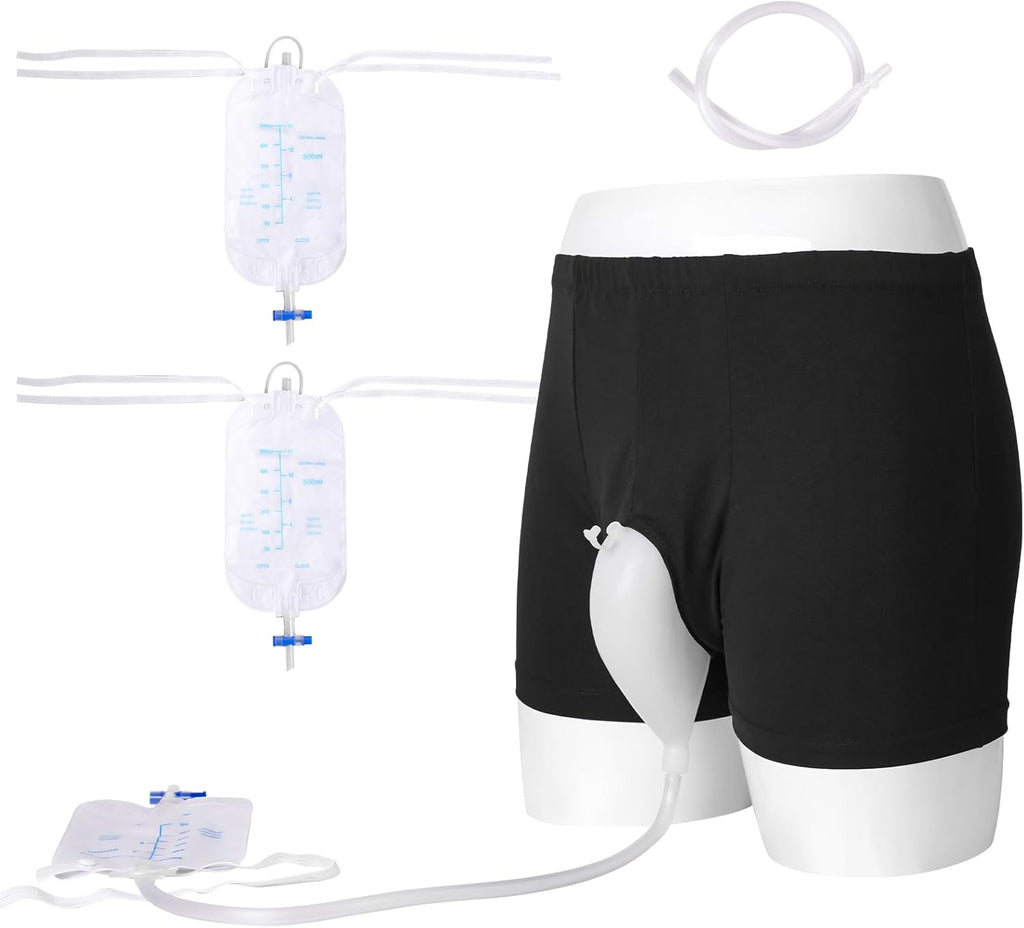 Wearable Urine Bag Incontinence Pants for Men, Reusable Portable Urine Collection Bag with Urinary Catheter, Leak Proof Leg Pee Bag with Elastic Waistband for Men Elderly Bedridden, Black (XL)