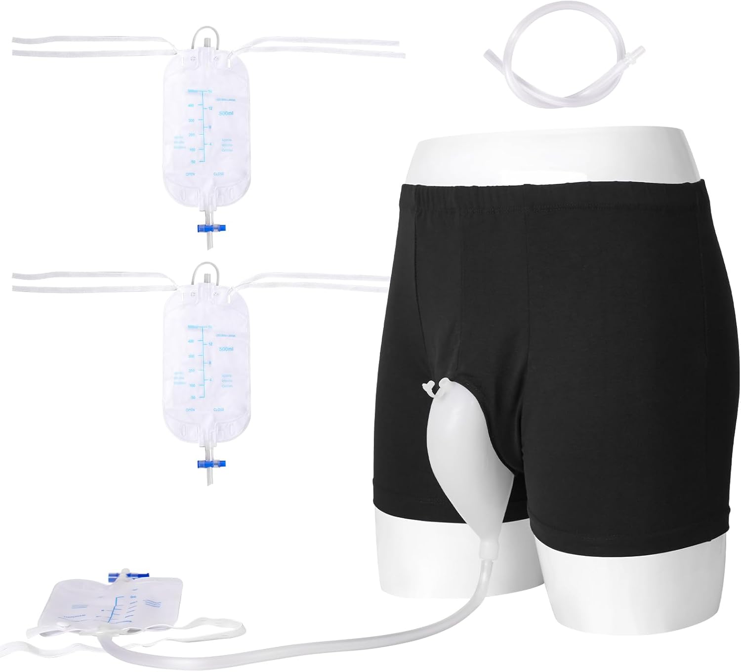 Wearable Urine Bag Incontinence Pants for Men, Reusable Portable Urine Collection Bag with Urinary Catheter, Leak Proof Leg Pee Bag with Elastic Waistband for Men Elderly Bedridden, Black (XL)
