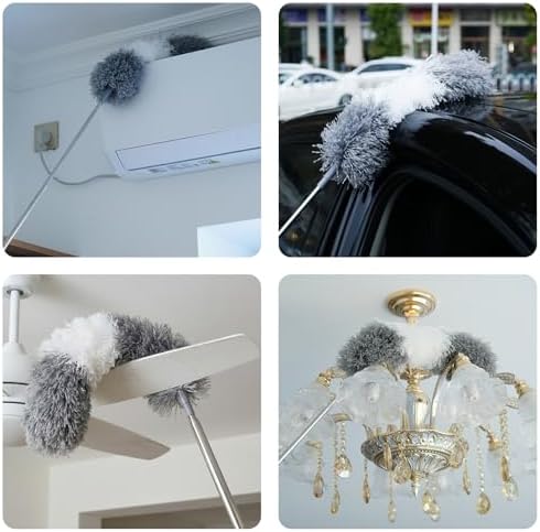 Microfiber Feather Duster, 110 Inch Extendable Telescoping Pole Duster with Bendable Washable Head, Long Handle Cleaning Duster for Ceiling Fan, High Ceiling, Blinds, Furniture and Cars(Gray)