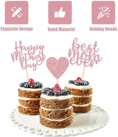 24 Pack Pink Glitter Happy Mothers Day Cupcake Toppers Best Mom Ever Cake Toppers Heart Cupcake Picks for Happy Mothers Day Birthday Party Cake Dessert Decorations