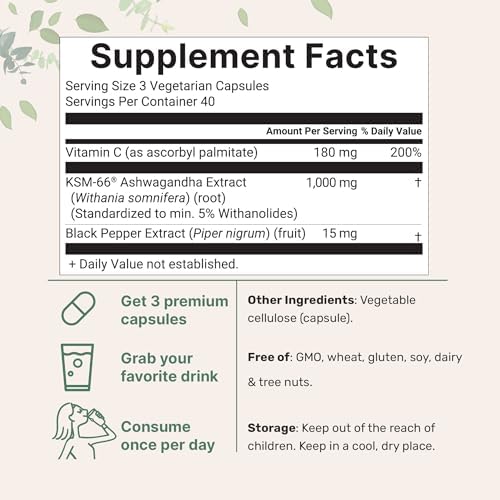 KSM-66 Ashwagandha 1,000mg Per Serving | 120 Veggie Capsules with Black Pepper for Better Absorption & Fat Soluble Vitamin C | Potent Root Extract | Stress, Relaxation, & Sleep Support | Filler Free