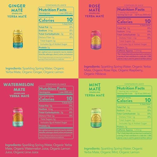 Organic Sparkling Yerba Mate, Unsweetened Yerba Mate Tea Variety Pack by Tama Tea - Sugar Free Energy Drink Alternative, 120mg of Natural Caffeine, 12 oz (12-Pack)