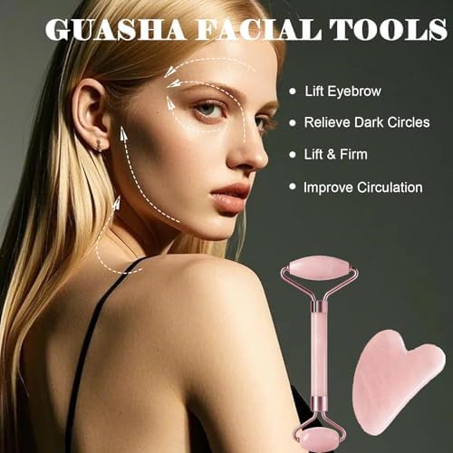 Face Roller & Gua Sha Set for Facial Massage, Reduce Puffiness & Wrinkles, Cooling Skin Care Tool for Face Neck Eyes, Relaxing Self Care Beauty Gift