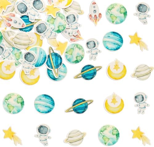 Ephlyn 54Pcs Edible Space Astronaut Cupcake Toppers Wafer Paper Planet Rocket Spaceship Trip to the Moon Star Cake Toppers Universe Outer Space Theme Birthday Party Anniversary Party Supplies Blue