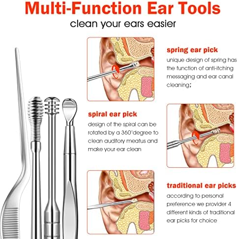 Ear Pick Ear Wax Removal Kit, Ear Cleansing Set, Earwax Remover Tool, Ear Curette Ear Wax Remover Tools with a Cleaning Brush and Storage Box, Medical Grade, for Ear Adult and Kid, Silver, 10 Pcs