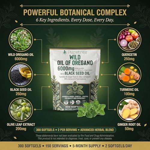 Wild Oil of Oregano 6000mg with Black Seed, Turmeric & Ginger – 300 Softgels | 95% Carvacrol & Thymoquinone | Immune, Gut & Respiratory Support | High-Potency Herbal Complex – Vegan & Non-GMO