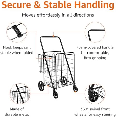 Amazon Basics Foldable Collapsible Shopping Utility Cart with 360-Degree Wheels, Multi-Functional for Sports, Easy Assembly, X-Large, Black