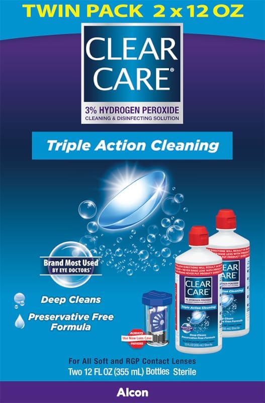 CLEAR CARE Cleaning & Disinfecting Contact Lens Solution, 12 fl oz, Twin Pack, For Soft & RGP Lenses, No Rubbing, Preservative-Free, Included Lens Case, Deep Cleans and Removes Deposits
