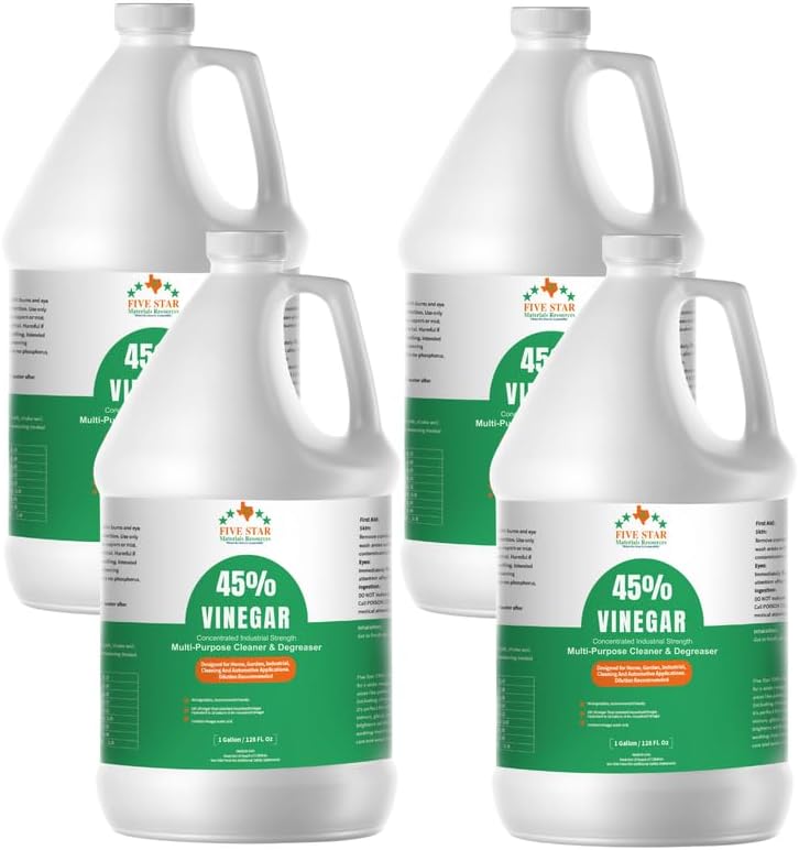 FIVE STAR MATERIALS RESOURCES 45% Vinegar Concentrated | White Vinegar for Cleaning and Garden | Home, and Outdoor Pure | Max Performance 9X Power | with Instructions (4 Gallon (512 fl oz))