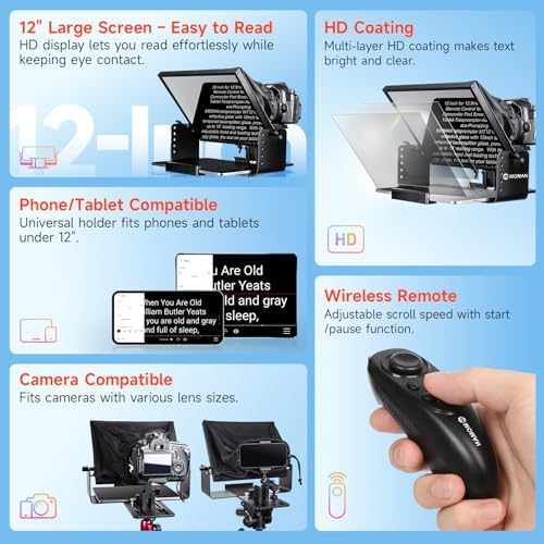 Moman Teleprompter, Metal Prompter iPad Tablets with APP Remote Control for DSLR Camera Camcorder Smartphone Mobile,for Tablets Autocue Camera Prompting,Metal Prompter Kit(MT12,12inch)