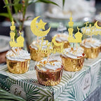 24 PCS Eid Mubarak Cupcake Toppers Gold Glitter Moon Star Ramadan Kareem Cupcake Picks for Eid Islamic Muslim Theme Party Cake Decorations Supplies