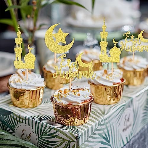 24 PCS Eid Mubarak Cupcake Toppers Gold Glitter Moon Star Ramadan Kareem Cupcake Picks for Eid Islamic Muslim Theme Party Cake Decorations Supplies