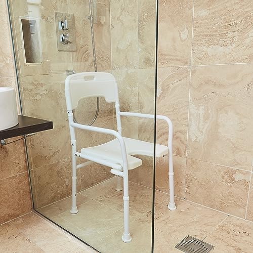 NRS Healthcare M00778 Shower Chair Height Adjustable with Back and Arms - Folding (Eligible for VAT Relief in The UK)