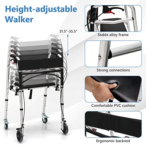 GYMAX Walkers for Seniors, 2-Button Folding Walker with 5 Inches Lockable Wheels, Padded Seat & Trigger Release, 350lbs Height Adjustable Standard Walker, Foldable Rolling Adult Walker