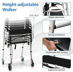 GYMAX Walkers for Seniors, 2-Button Folding Walker with 5 Inches Lockable Wheels, Padded Seat & Trigger Release, 350lbs Height Adjustable Standard Walker, Foldable Rolling Adult Walker