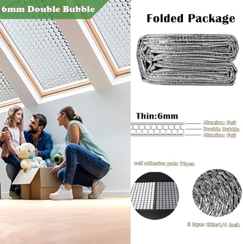 MRRAPA Reflective Double Bubble Aluminum Foil Sheet , 6MM Window Or Wall Insulation for Keep Heat Reflective Fireproof B2 Thermal Insulation Roll for Winter Weatherproof Attics(24inch*10Ft