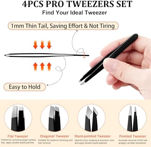 Tweezers Set and Nail Clippers 8Pcs Precision No Gaps Eyebrow Tweezer Kit for Facial Hair Men & Women Travel Tweezers with Leather Case (Black/Red)