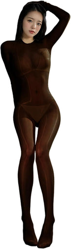 BEFASY Women Men 1D Oil Shiny Glossy Chest Seamless Bodystocking Nylon Sheer Long Sleeve Bodysuit Catsuit