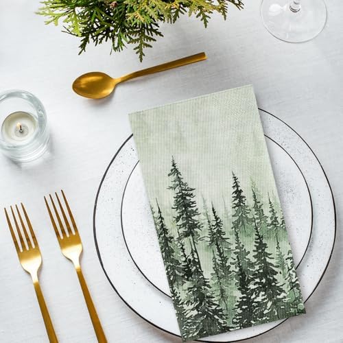 JarThenaAMCS 50Pcs Green Misty Forest Guest Napkins Woodland Paper Napkin Disposable Pine Tree Dinner Hand Towel Napkin for Bathroom Party Table Supplies