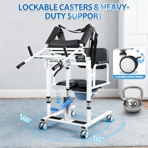 Drexo Patient Lift Transfer Chair, 5 in 1 Patient Lift Chair with 180°Split Seat, Height Adjustable Patient Transfer Chair with 4 Casters for Home Seniors Elderly, Load 450Lbs (Style A, Black)