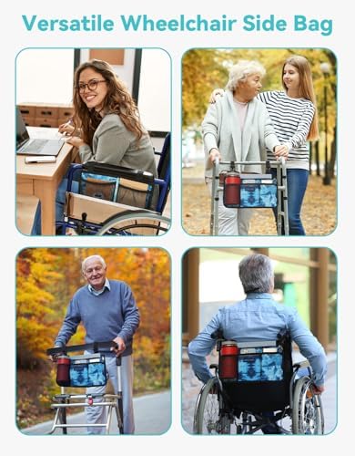 Wheelchair Side Bag, Wheelchair Armrest Pouch Accessories with Cup Holder, Storage Bag for Walker, Rollator, Electric Scooter Wheelchairs, Ideal Gift for Mother's Day & Father's Day