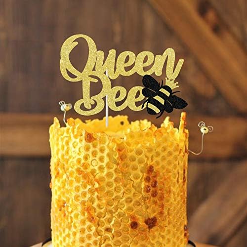 Gold Glitter Queen Bee Cake Topper, Bumble Bee Themed Happy Birthday Decor, Mother's Birthday Party Decor Party Supplies Decorations