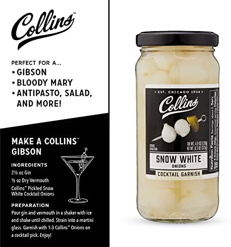 Collins Gourmet Snow White Cocktail Onion, Pickled Onion Jar for Cocktails, Bloody Mary Ingredients, Meat and Cheese Trays and Snacks, Pickled Onions, Charcuterie Board Toppers, 8.3 oz