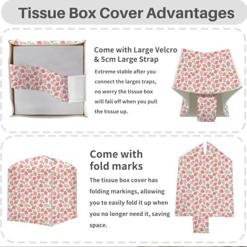 Tissue Box Cover, Tissue Box Holder, Square with Belt Bottom, PU Leather Decorative Organizer for Desk, Tabletop, Countertop Bathroom, Toilet Car, Office, Dresser Bedside, Aesthetic Strawberry Decor